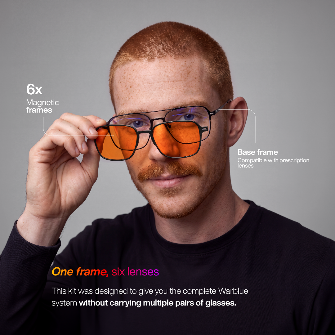 Una montura, seis lentes – modelo colocando una lente magnética naranja en la montura base apta para graduación