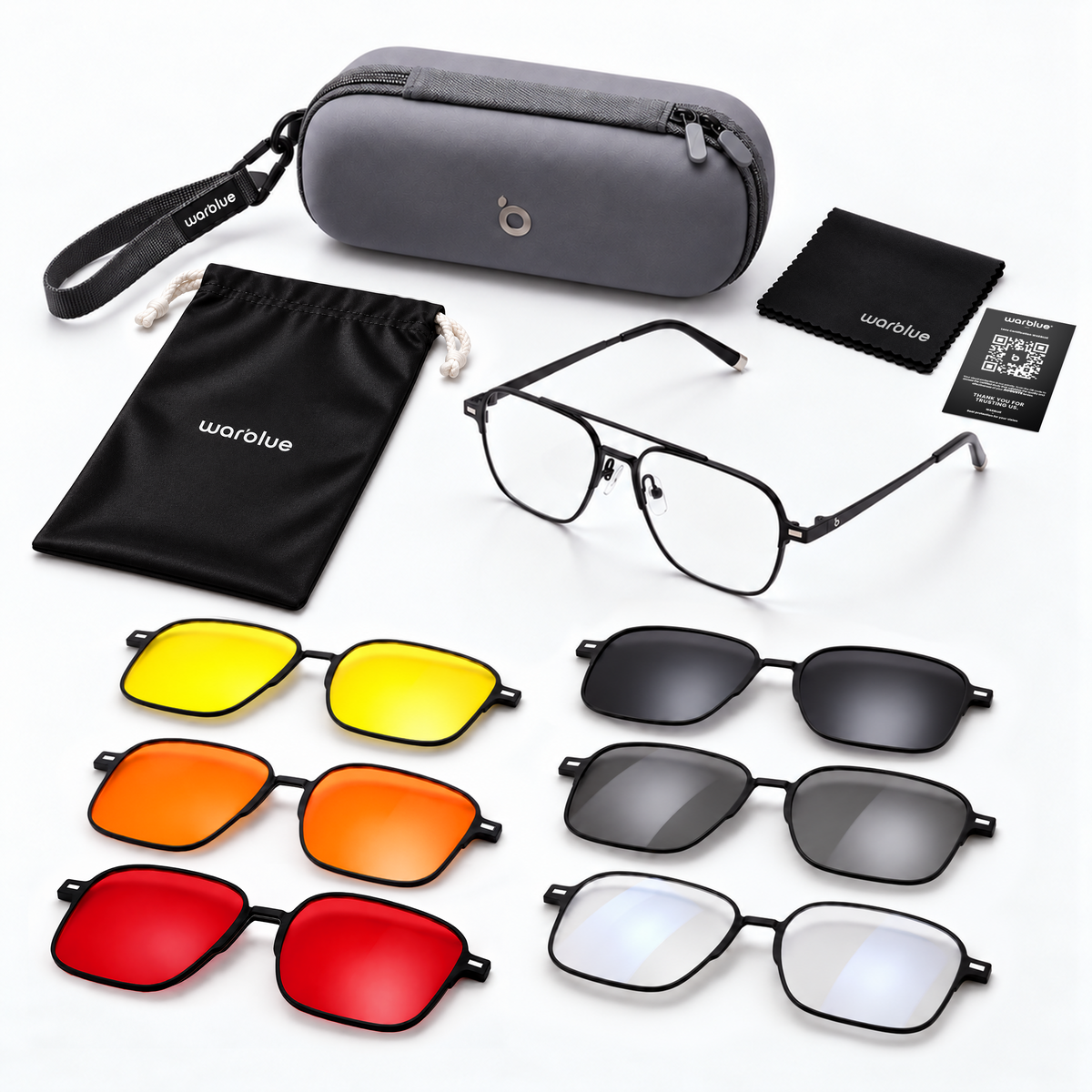 Kit de viaje Warblue con la montura base, seis lentes magnéticas y el estuche de viaje