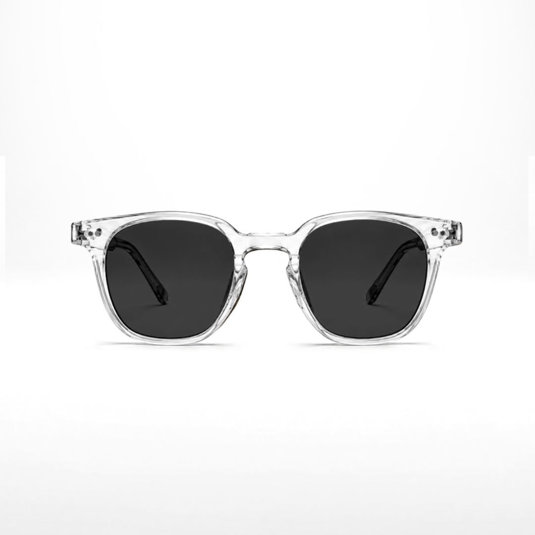 Gafas de sol Auguste Crystal – lentes gris oscuro, montura Crystal transparente, vista frontal