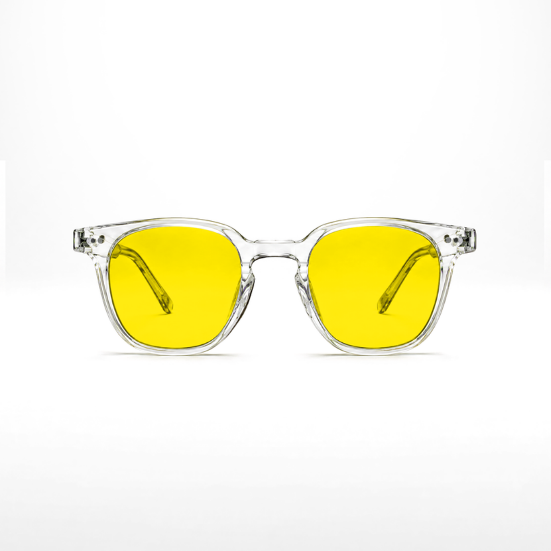Gafas Galileo Crystal – lentes amarillas, montura Crystal transparente, vista frontal
