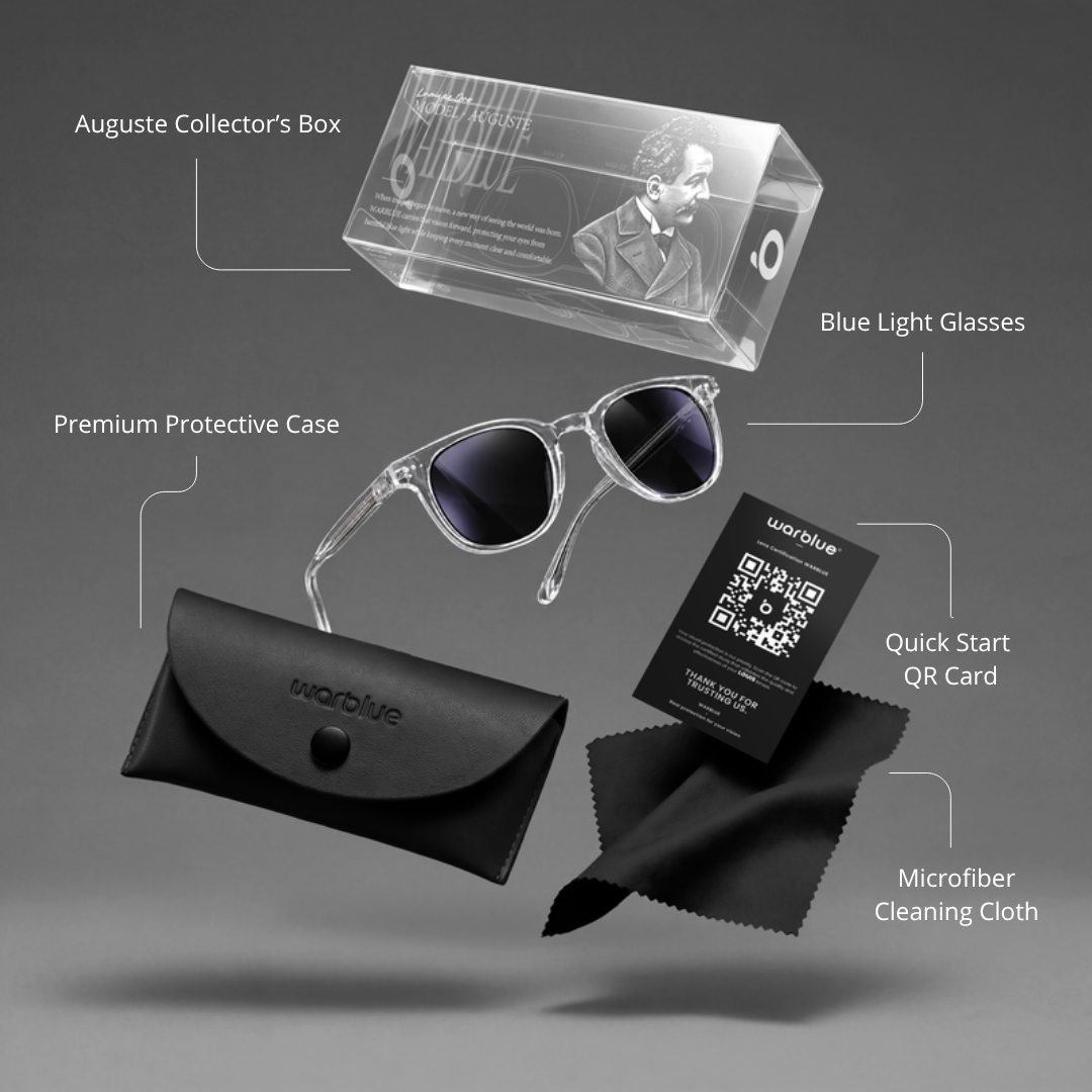 Caja de coleccionista Auguste con estuche protector, tarjeta QR y paño de microfibra – montura Crystal