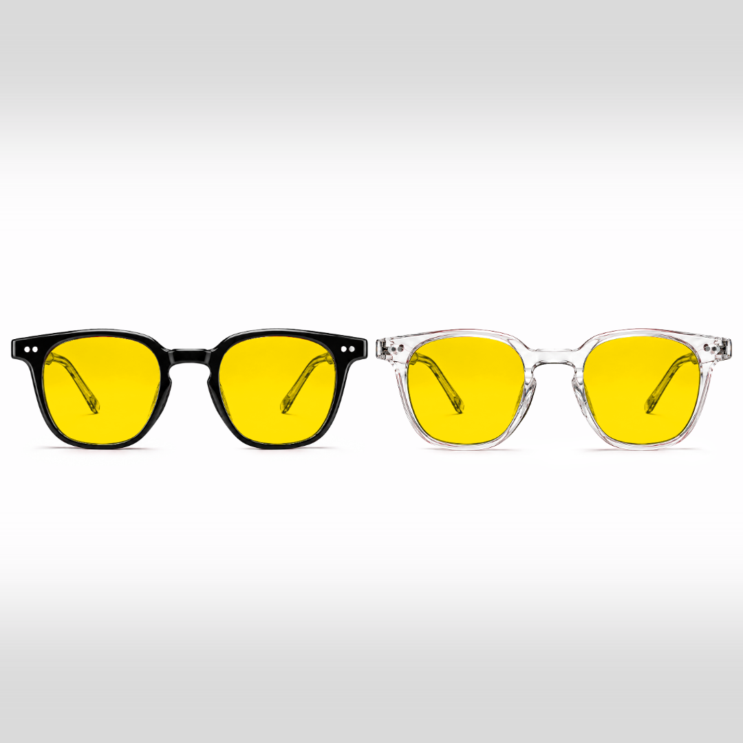 Galileo Dúo – gafas de luz azul con lentes amarillas, monturas en negro y Crystal transparente