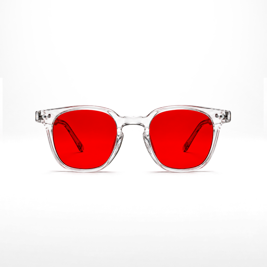 Gafas Da Vinci Crystal – lentes rojas, montura Crystal transparente, vista frontal