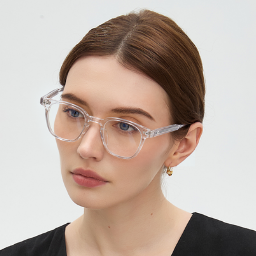Retrato con gafas Edison Crystal, lentes transparentes, montura transparente