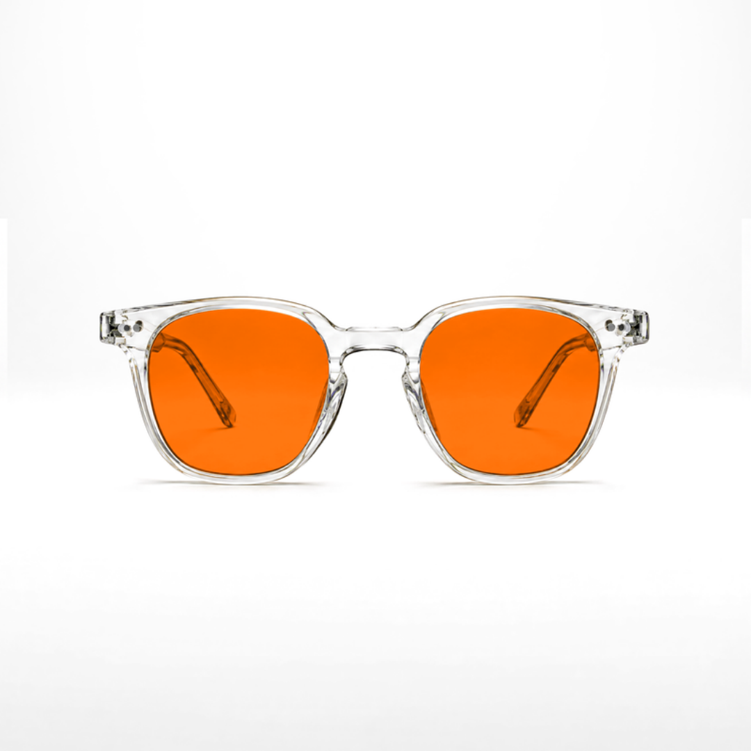Gafas Newton Crystal – lentes naranjas, montura Crystal transparente, vista frontal