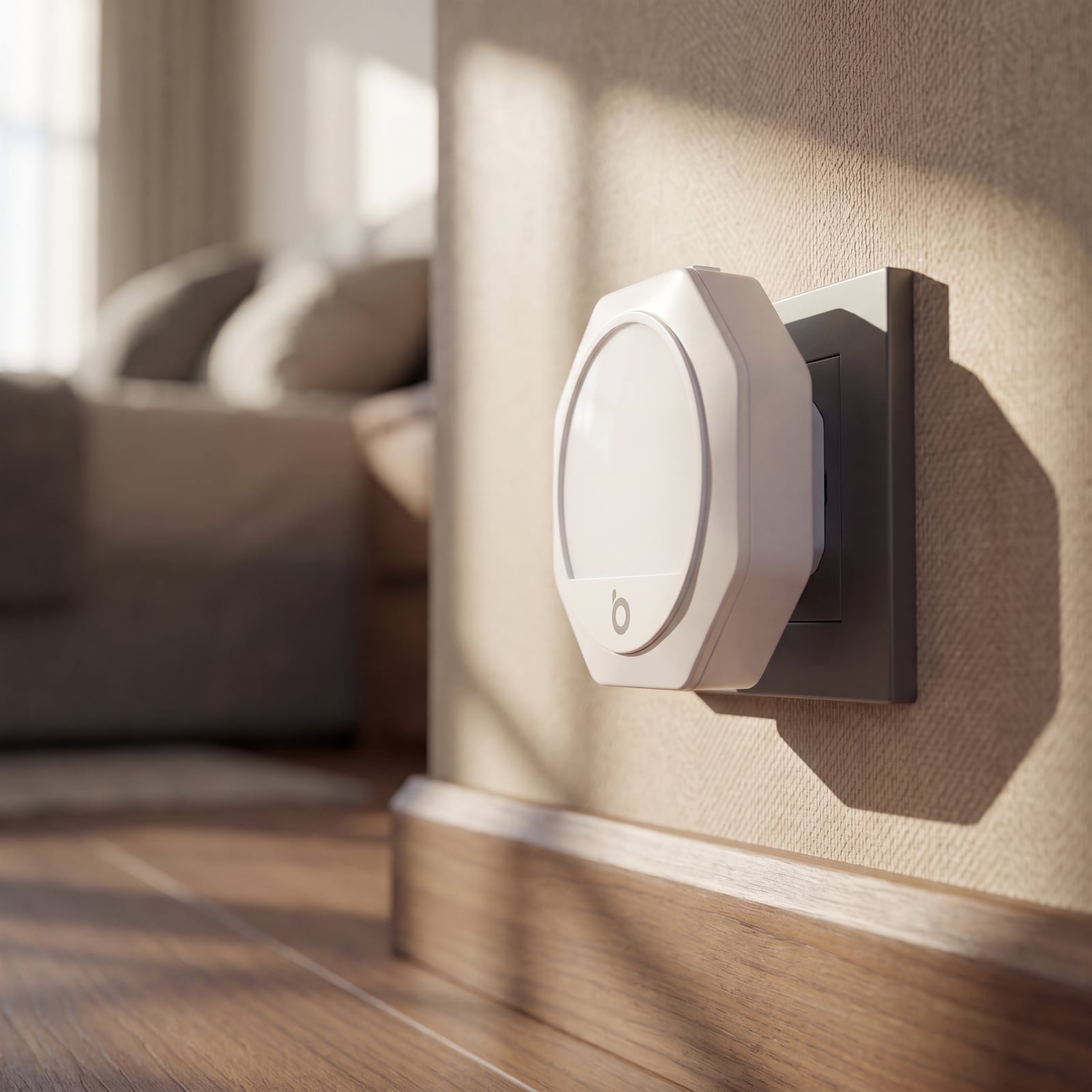 Luz nocturna blanca apagada a la luz del día en la pared de un dormitorio